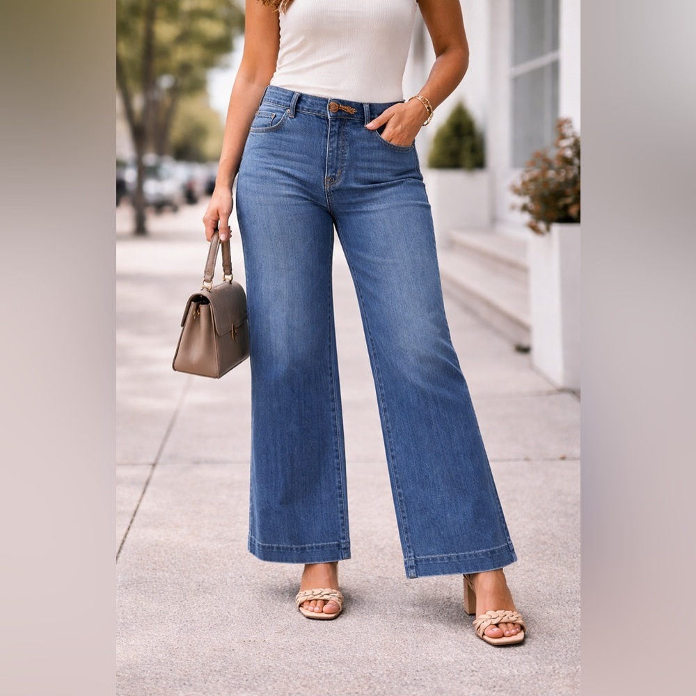 SPANX Vintage Indigo Wide Leg Jeans Large High Rise Stretch Denim Shaping NWT